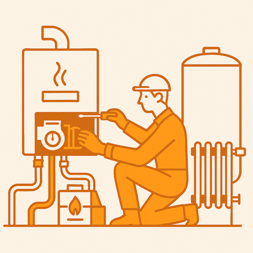 Technician servicing a residential heating system with boiler components, piping, and a pressure gauge.