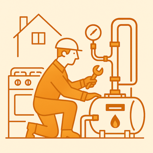 A technician working on a natural gas or propane pipe installation in a home.