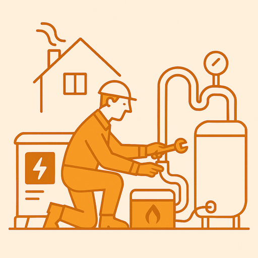 Technician servicing residential generator equipment with fuel tanks, valves, and gauges