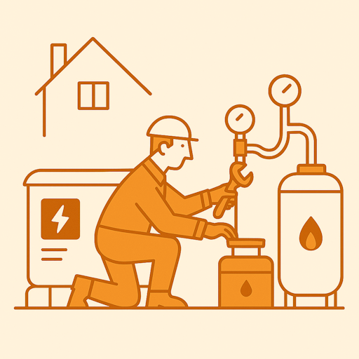 A service technician working on a propane gas tank system installed at a residential home.